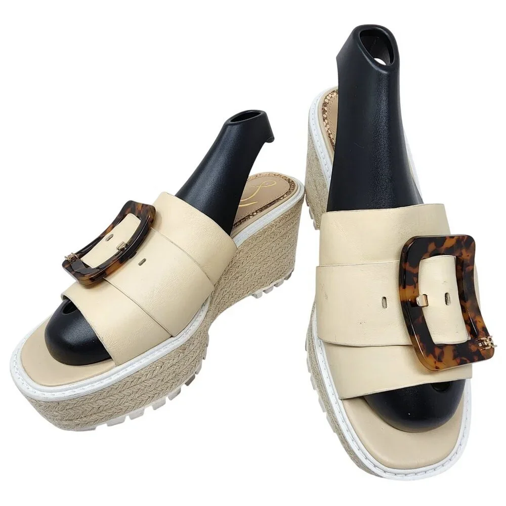 Cream Espadrille Wedge Sandals with Tortoiseshell Buckle